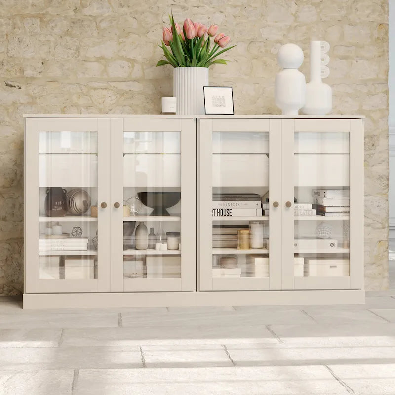 100% Solid Wood 64Sideboard with Clear Glass Doors, 4-Drawers and Adjustable Shelves