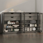 100% Solid Wood 64Sideboard with Clear Glass Doors, 4-Drawers and Adjustable Shelves