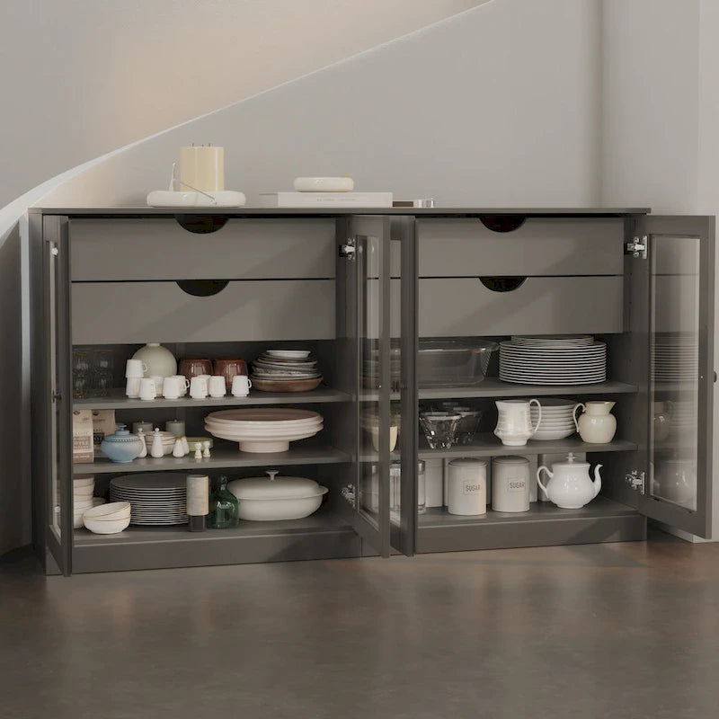 100% Solid Wood 64Sideboard with Clear Glass Doors, 4-Drawers and Adjustable Shelves