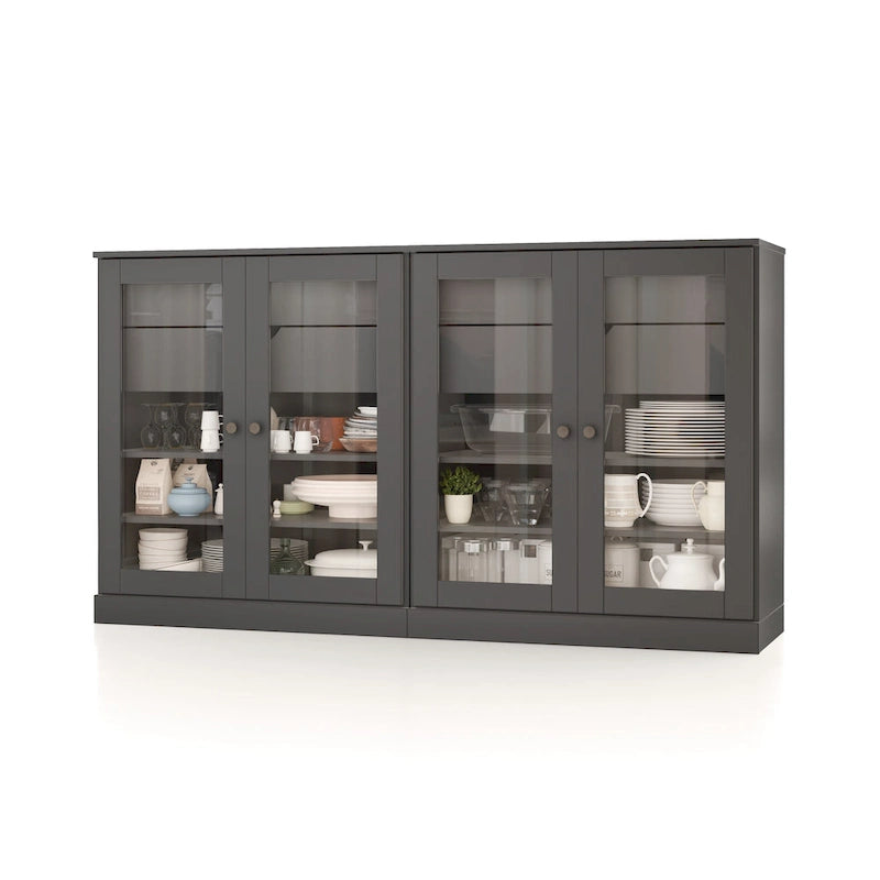 100% Solid Wood 64Sideboard with Clear Glass Doors, 4-Drawers and Adjustable Shelves