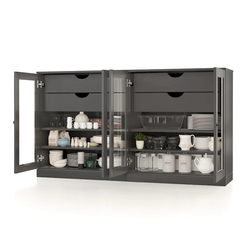 100% Solid Wood 64Sideboard with Clear Glass Doors, 4-Drawers and Adjustable Shelves