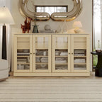 100% Solid Wood 64Sideboard with Clear Glass Doors, 4-Drawers and Adjustable Shelves