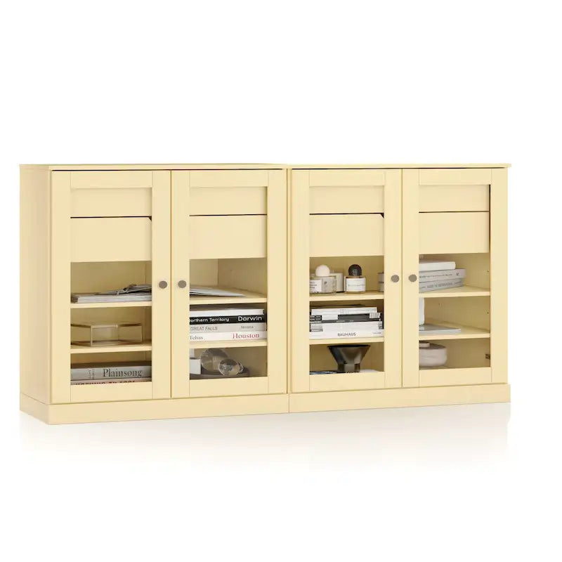 100% Solid Wood 64Sideboard with Clear Glass Doors, 4-Drawers and Adjustable Shelves