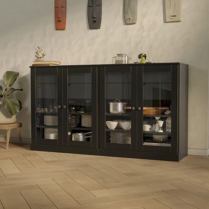 100% Solid Wood 64Sideboard with Clear Glass Doors, 4-Drawers and Adjustable Shelves