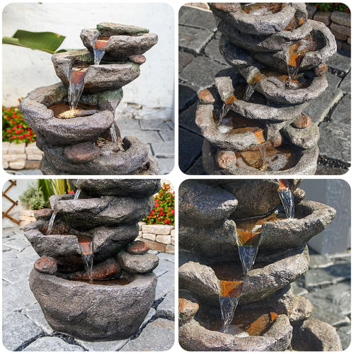 Fontaine d’eau à cascade en pierre à 10 niveaux pour jardin extérieur, patio, cour arrière, terrasse, porche, décoration artistique pour bassin, hauteur 39,76 po avec éclairage LED