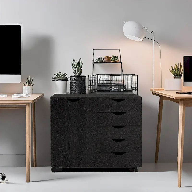 5-Drawer Wood Storage Dresser Cabinet with Wheels - Craft Organizer and Makeup Drawer Unit for Closet and Bedroom