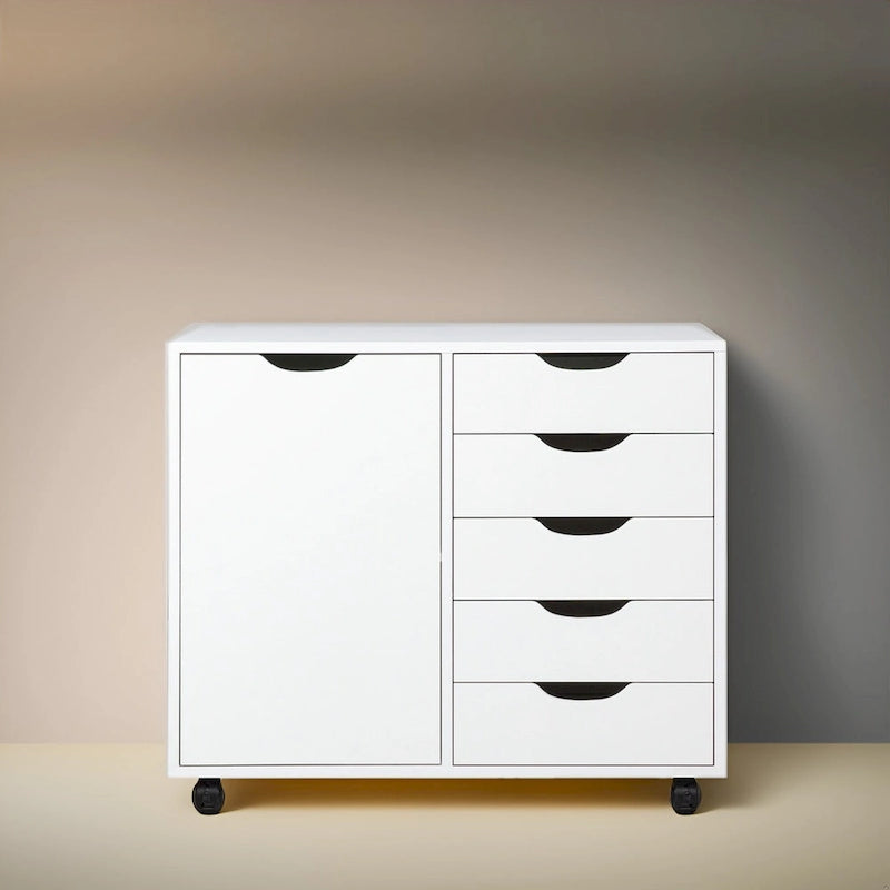5-Drawer Wood Storage Dresser Cabinet with Wheels - Craft Organizer and Makeup Drawer Unit for Closet and Bedroom