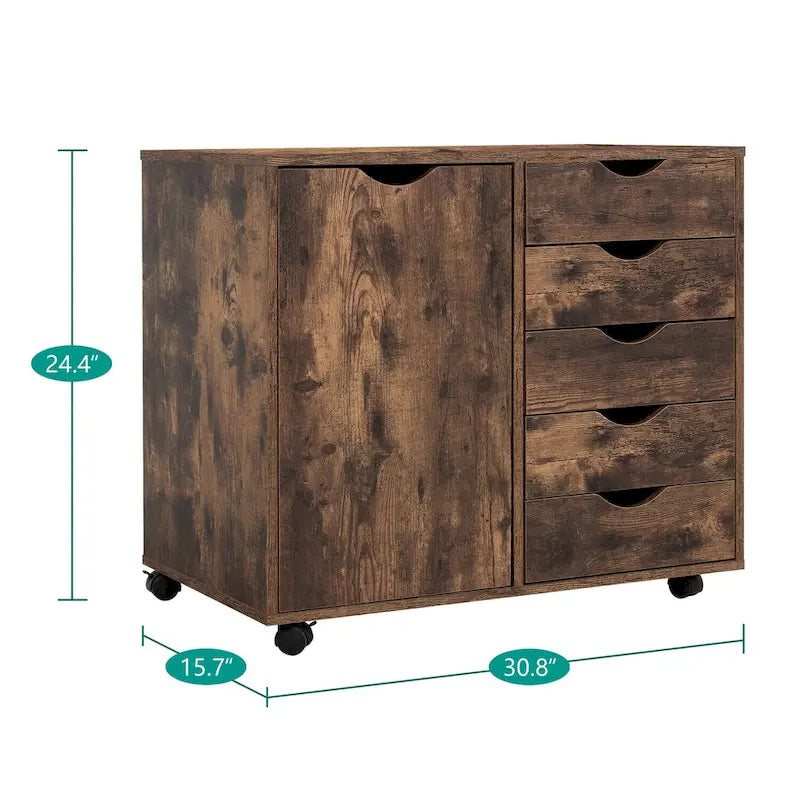5-Drawer Wood Storage Dresser Cabinet with Wheels - Craft Organizer and Makeup Drawer Unit for Closet and Bedroom