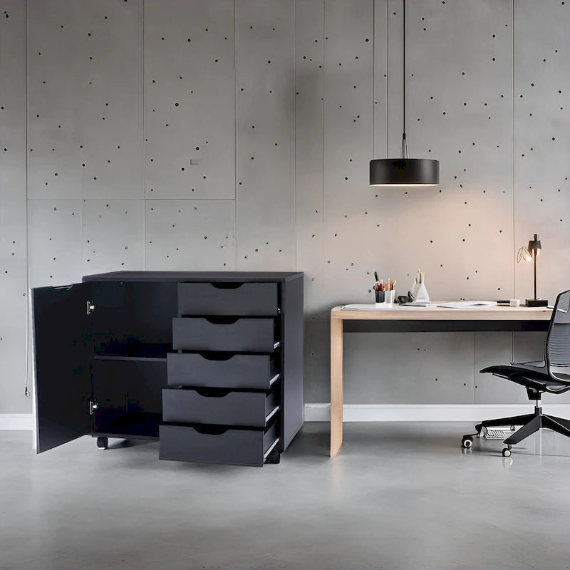 5-Drawer Wood Storage Dresser Cabinet with Wheels - Craft Organizer and Makeup Drawer Unit for Closet and Bedroom