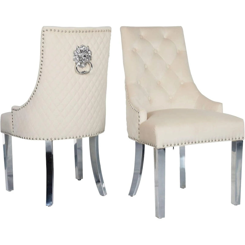 Velvet Dining Chairs Set of 2, Upholstered Tufted Nailhead Dining Room Chairs with Stainless Steel Legs & Lion Head Pull Ring