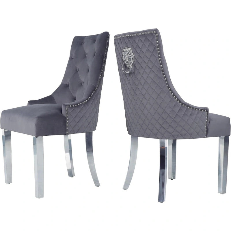 Velvet Dining Chairs Set of 2, Upholstered Tufted Nailhead Dining Room Chairs with Stainless Steel Legs & Lion Head Pull Ring