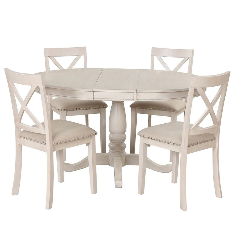Wooden Round Drop Leaf Extendable Dining Table Set with 4 Upholstered Chairs