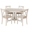 Wooden Round Drop Leaf Extendable Dining Table Set with 4 Upholstered Chairs