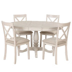 Wooden Round Drop Leaf Extendable Dining Table Set with 4 Upholstered Chairs