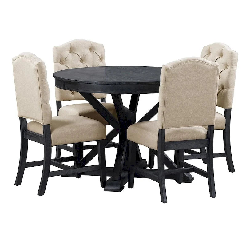 Wooden Round Drop Leaf Extendable Dining Table Set with 4 Upholstered Chairs