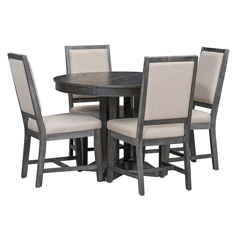 Wooden Round Drop Leaf Extendable Dining Table Set with 4 Upholstered Chairs