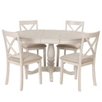 Wooden Round Drop Leaf Extendable Dining Table Set with 4 Upholstered Chairs