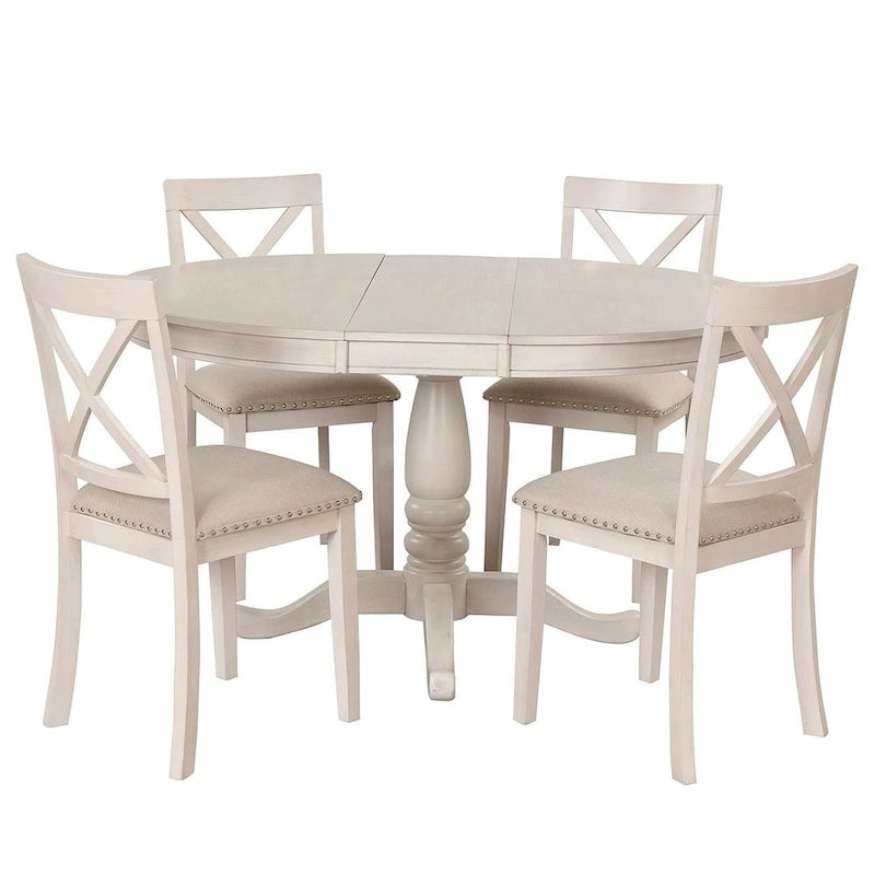 Wooden Round Drop Leaf Extendable Dining Table Set with 4 Upholstered Chairs