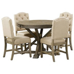 Wooden Round Drop Leaf Extendable Dining Table Set with 4 Upholstered Chairs