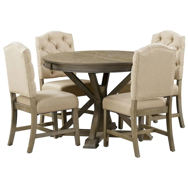 Wooden Round Drop Leaf Extendable Dining Table Set with 4 Upholstered Chairs