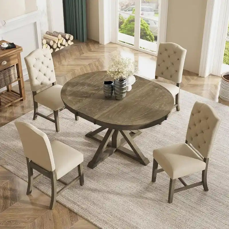 Wooden Round Drop Leaf Extendable Dining Table Set with 4 Upholstered Chairs