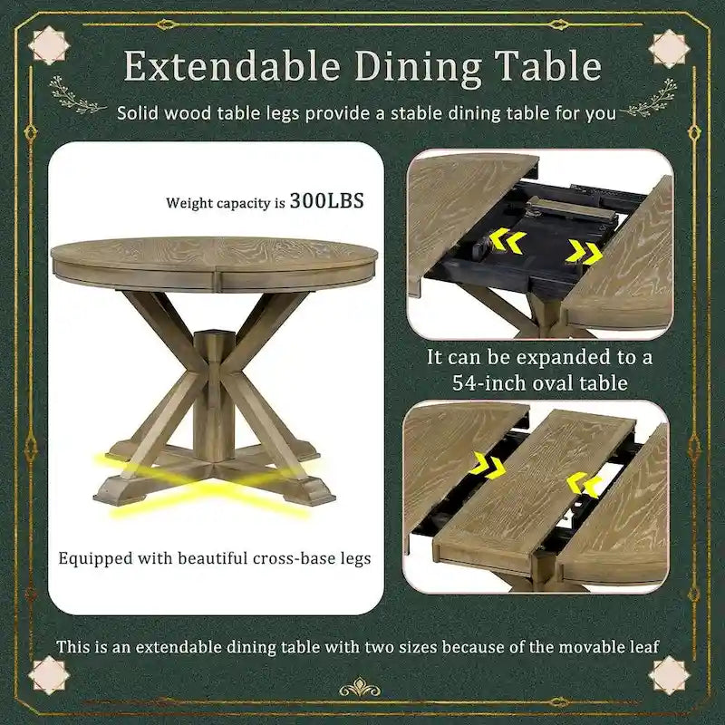 Wooden Round Drop Leaf Extendable Dining Table Set with 4 Upholstered Chairs