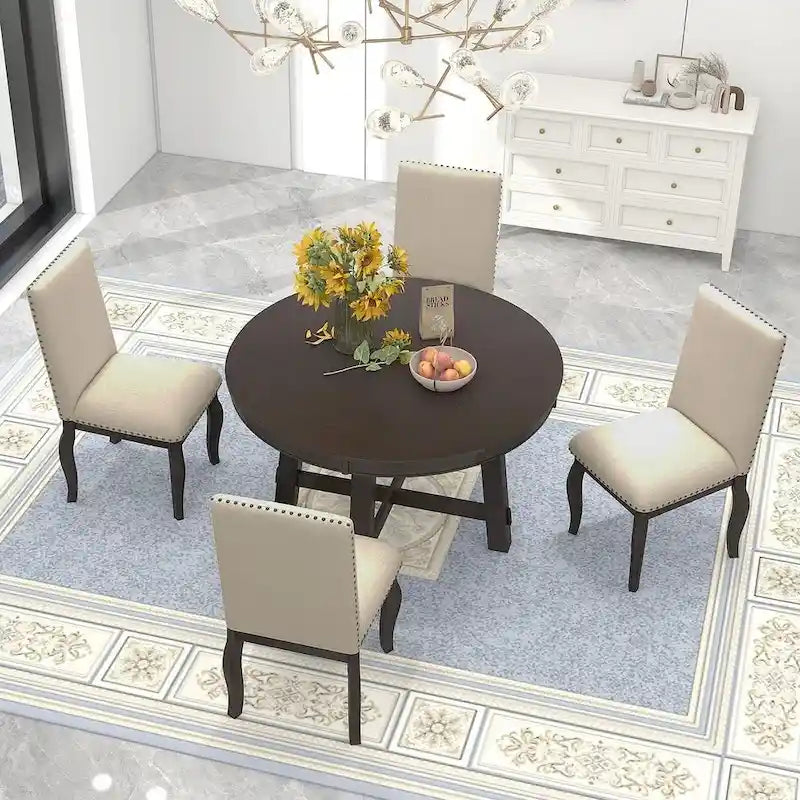 Wooden Round Drop Leaf Extendable Dining Table Set with 4 Upholstered Chairs