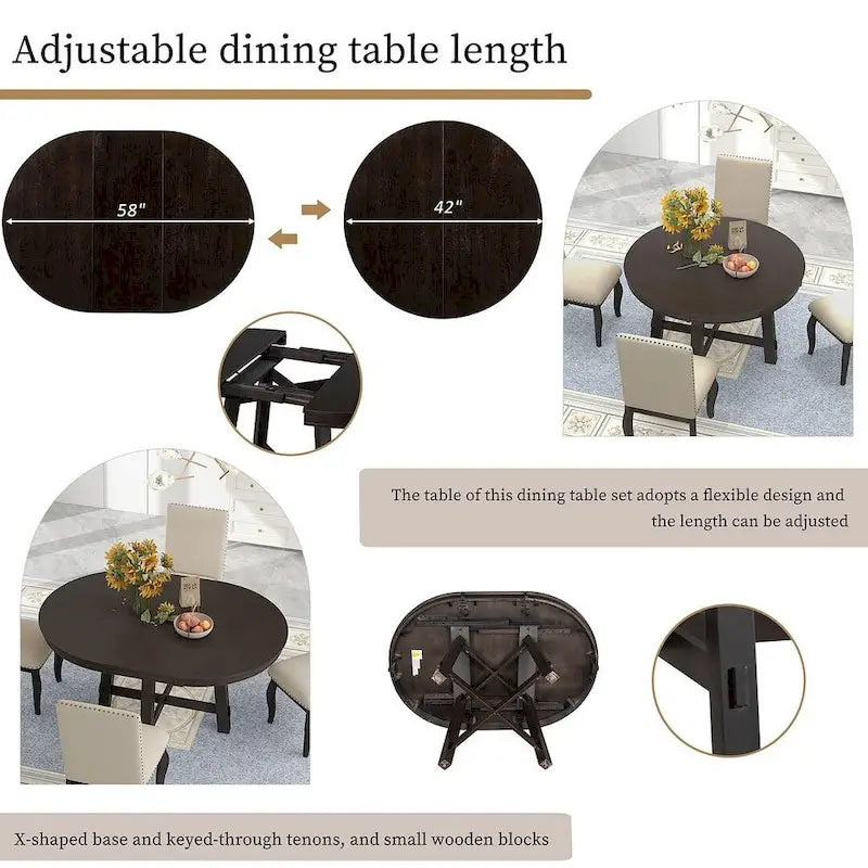 Wooden Round Drop Leaf Extendable Dining Table Set with 4 Upholstered Chairs