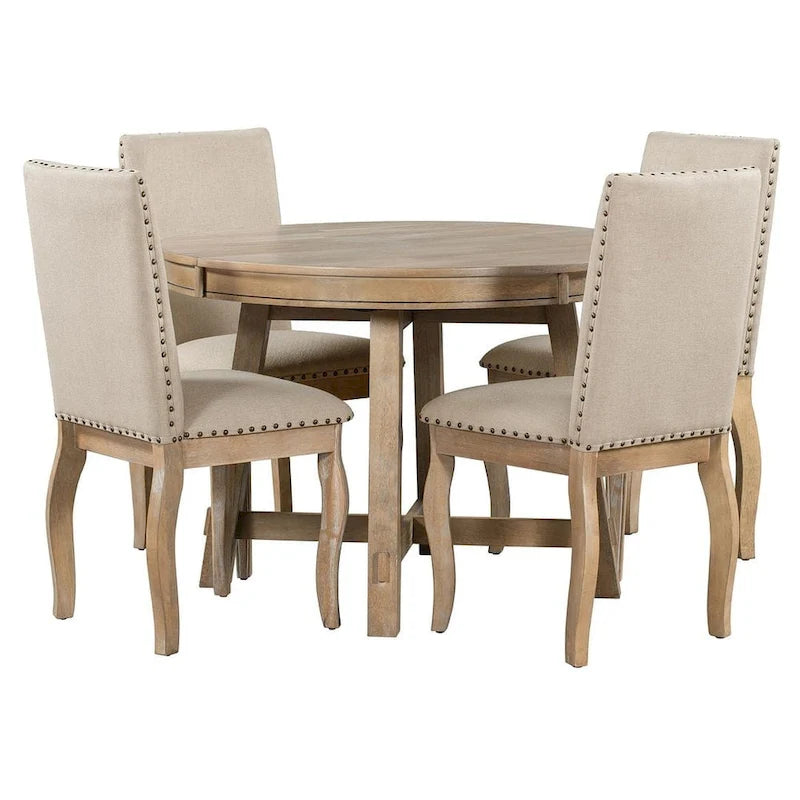 Wooden Round Drop Leaf Extendable Dining Table Set with 4 Upholstered Chairs