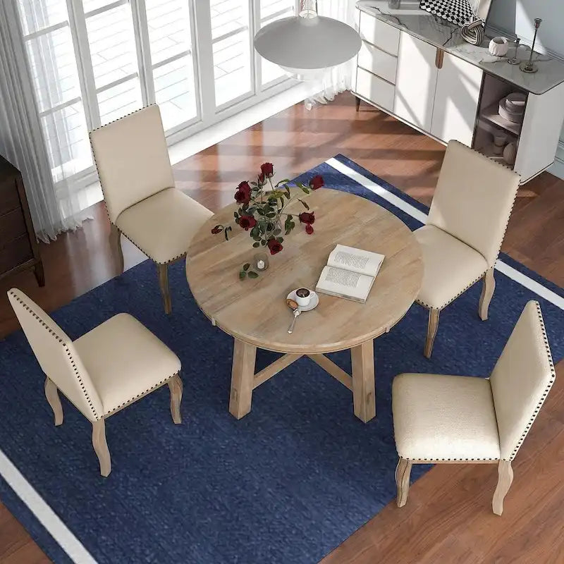 Wooden Round Drop Leaf Extendable Dining Table Set with 4 Upholstered Chairs