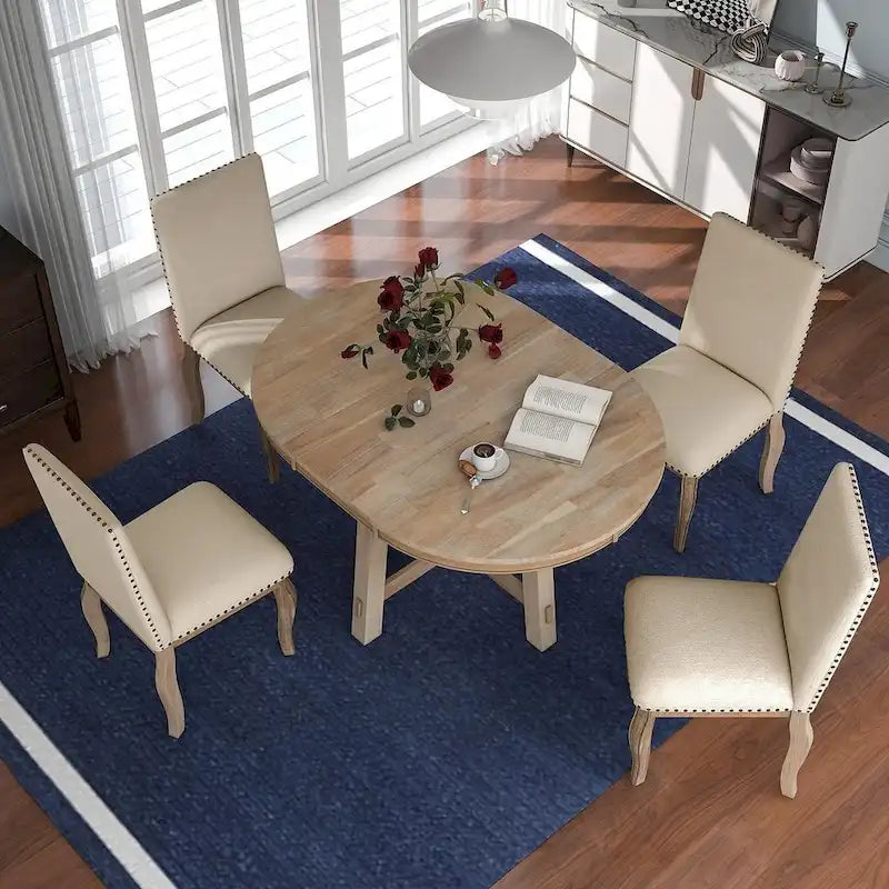 Wooden Round Drop Leaf Extendable Dining Table Set with 4 Upholstered Chairs