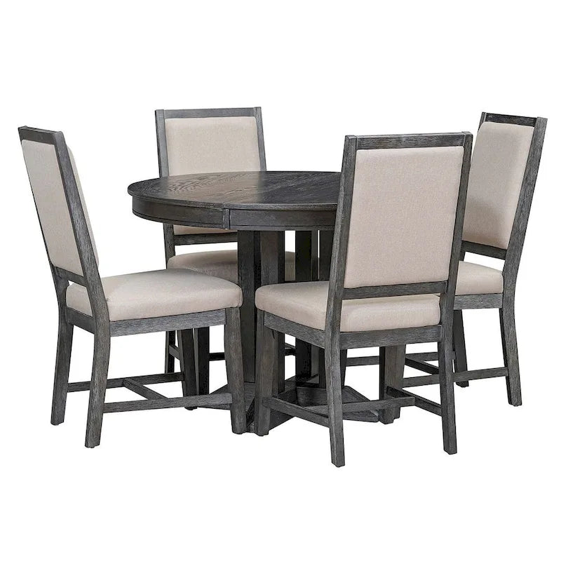 Wooden Round Drop Leaf Extendable Dining Table Set with 4 Upholstered Chairs