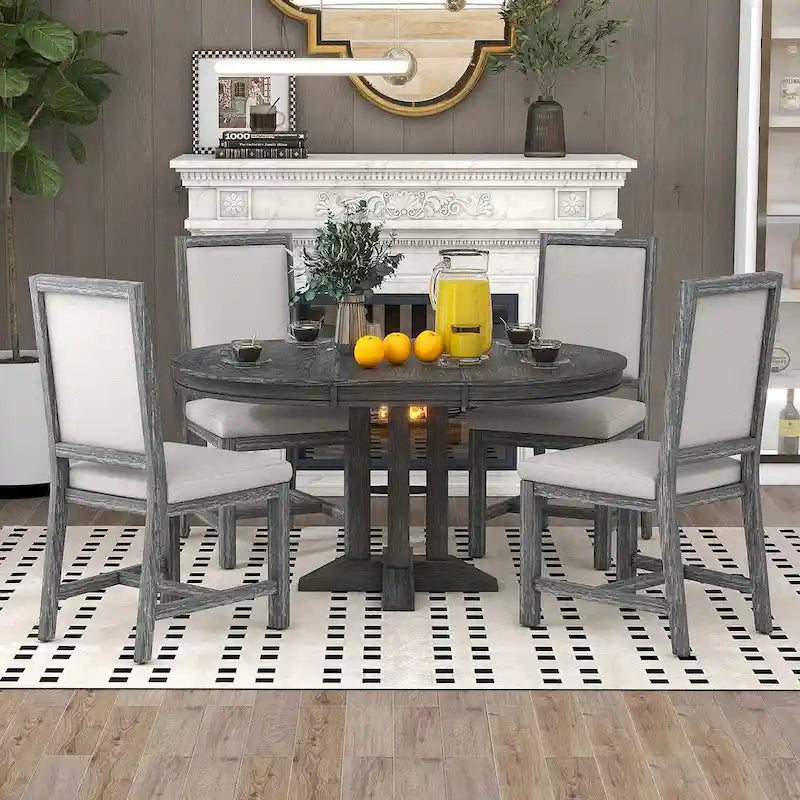 Wooden Round Drop Leaf Extendable Dining Table Set with 4 Upholstered Chairs