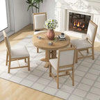 Wooden Round Drop Leaf Extendable Dining Table Set with 4 Upholstered Chairs