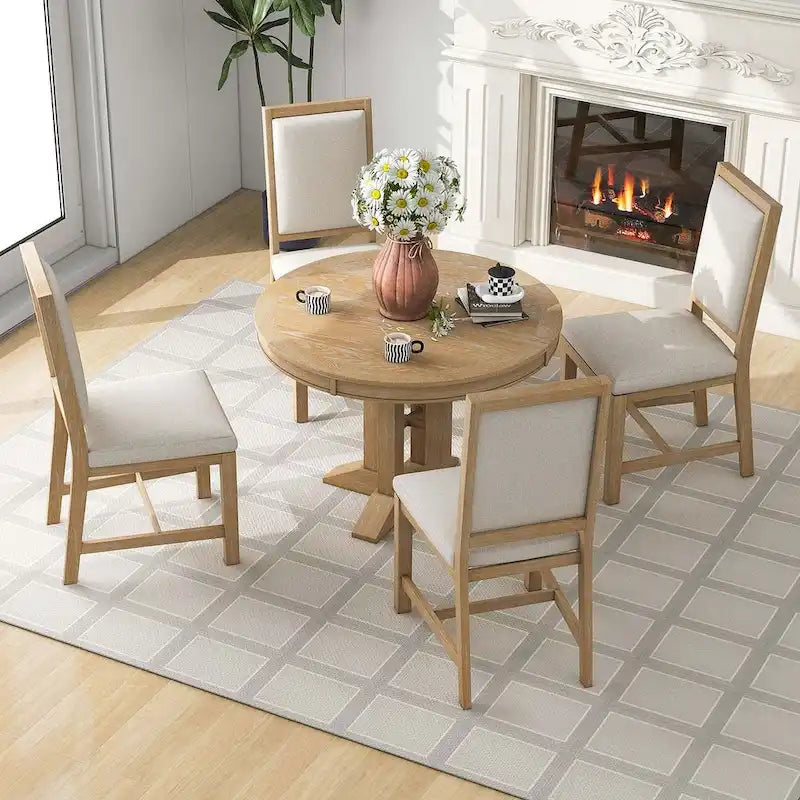 Wooden Round Drop Leaf Extendable Dining Table Set with 4 Upholstered Chairs