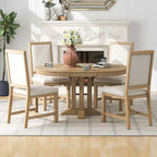 Wooden Round Drop Leaf Extendable Dining Table Set with 4 Upholstered Chairs