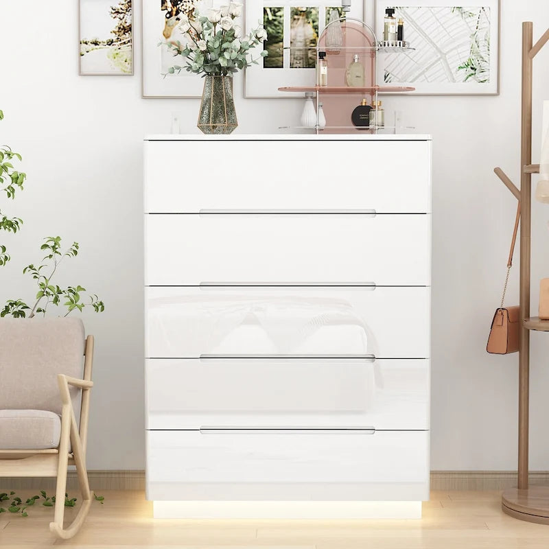 5 Drawer Chest Dresser w/High Gloss Drawers Chest With Light Storage