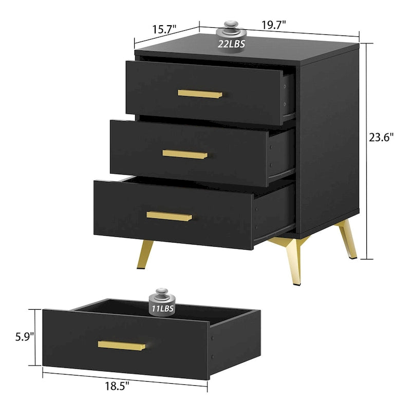 23.6Tall 3 Drawer Nightstand End Table Beside Gold Handle