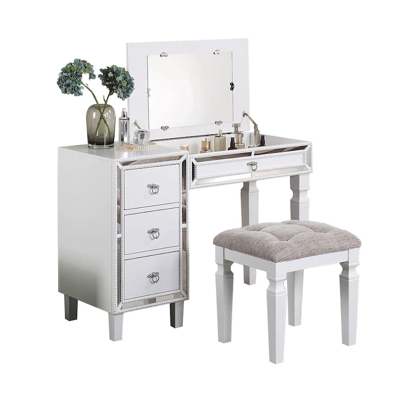 Fabric and Wood Vanity Set with Stool
