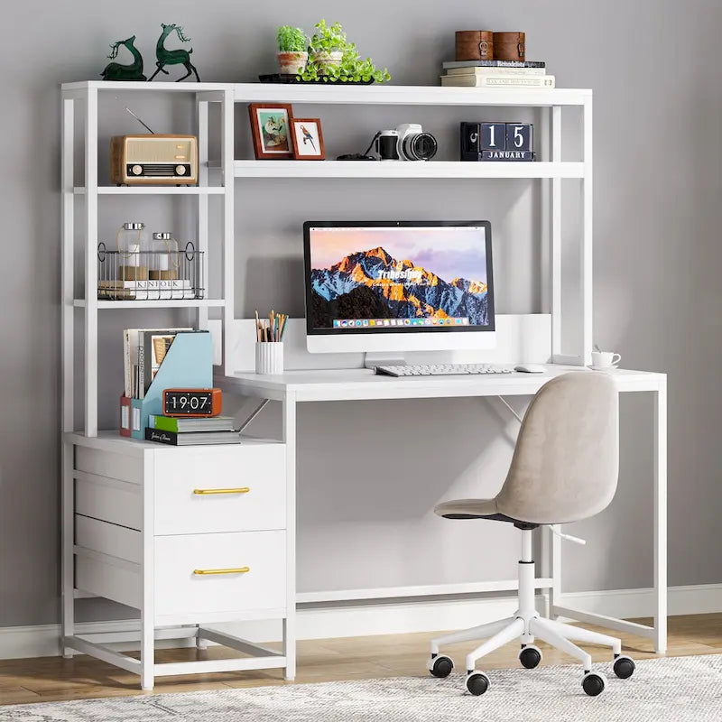Rustic Computer Office Desk with Drawers and Hutch