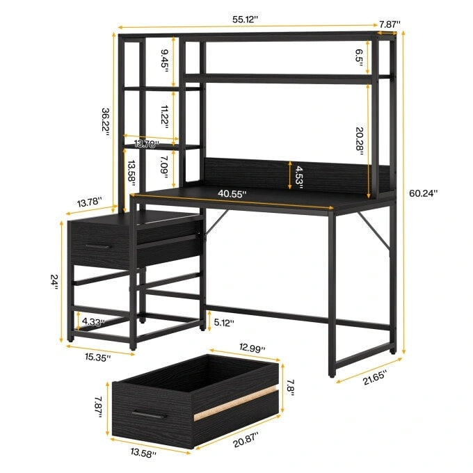 Rustic Computer Office Desk with Drawers and Hutch