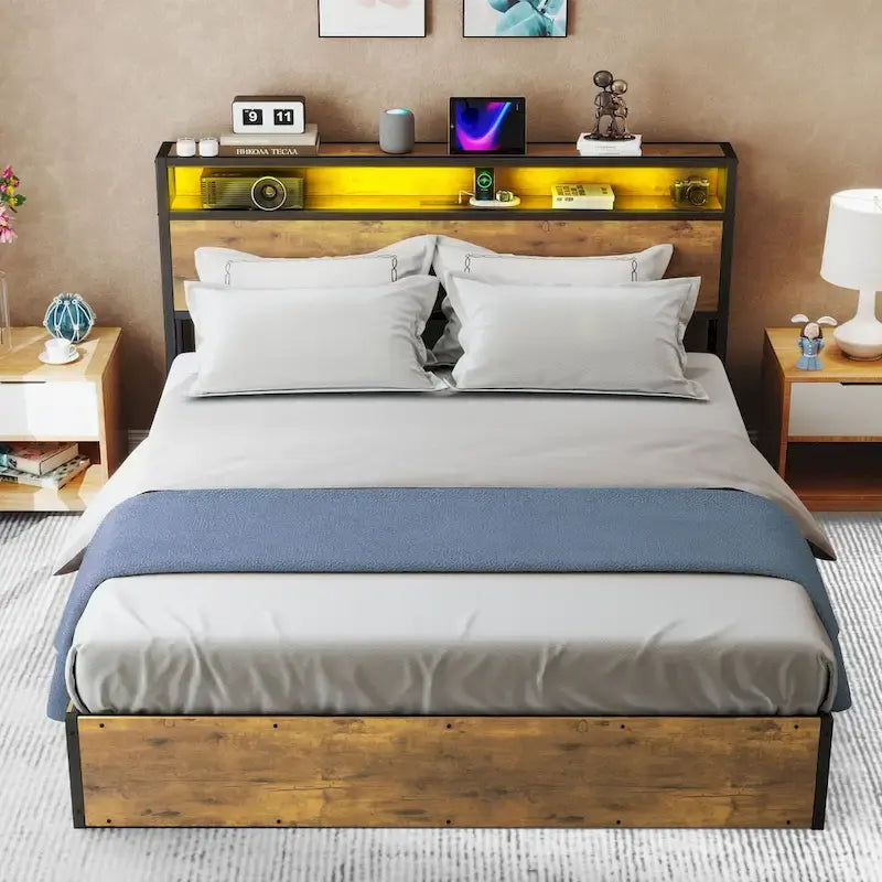 Lift Up Storage Bed LED Platform Bed with Hydraulic Storage System USB Charger