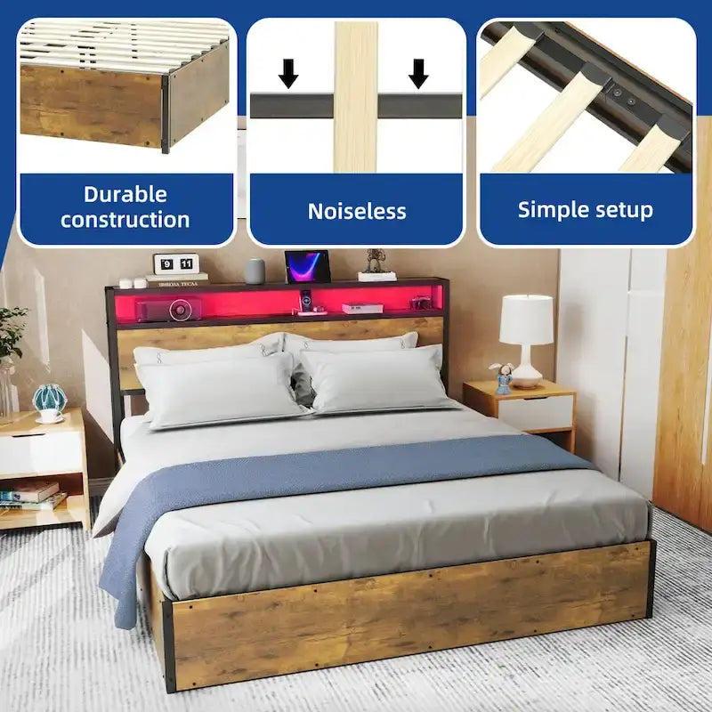Lift Up Storage Bed LED Platform Bed with Hydraulic Storage System USB Charger