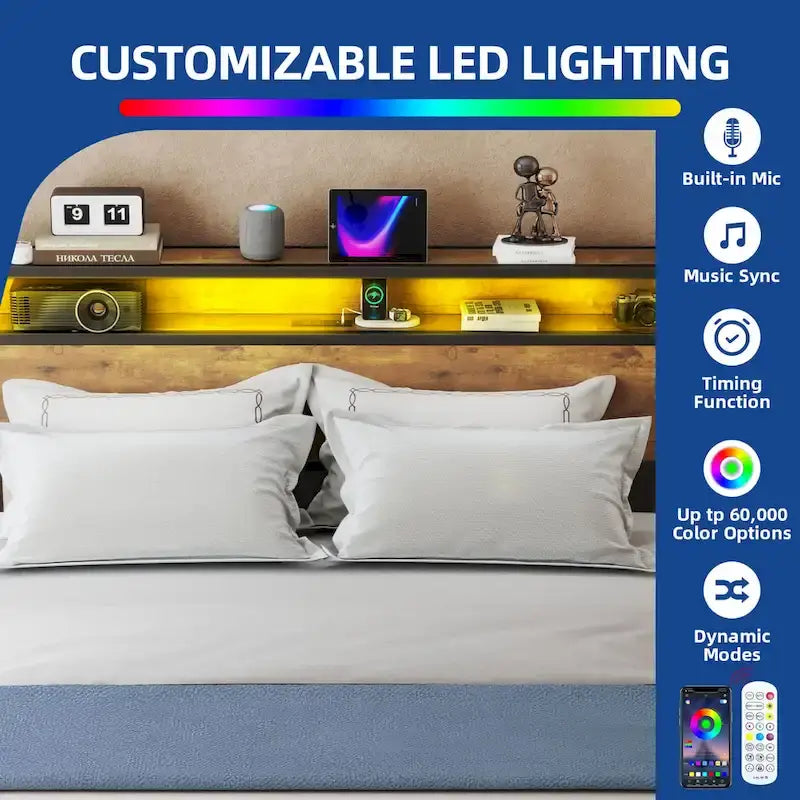 Lift Up Storage Bed LED Platform Bed with Hydraulic Storage System USB Charger