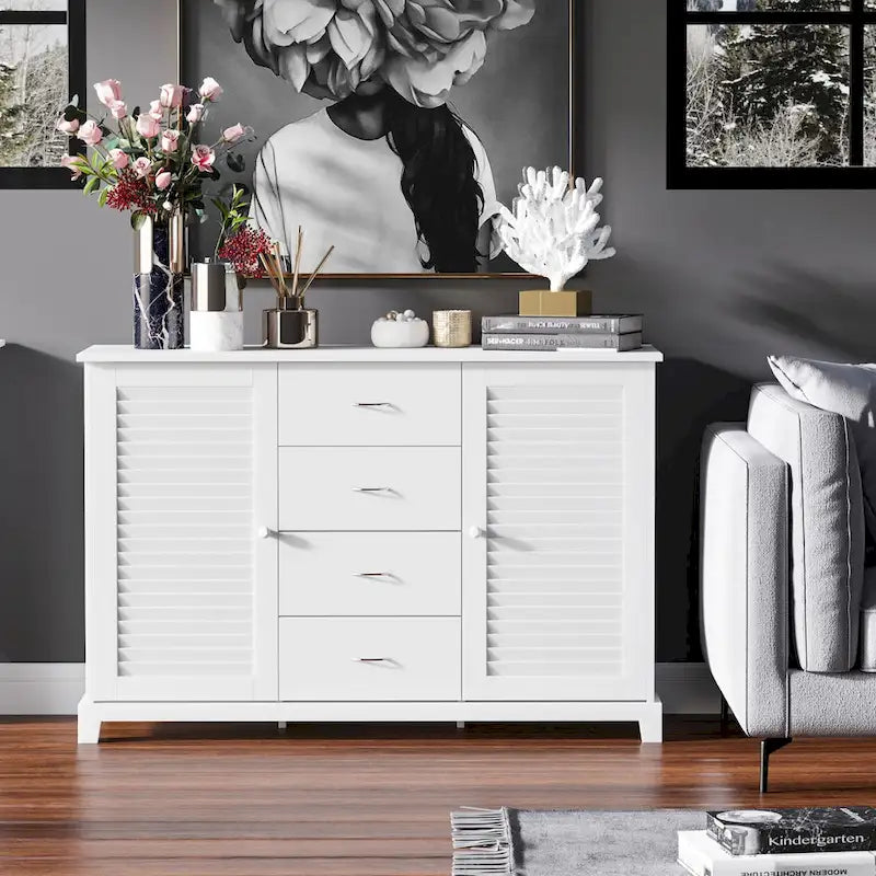 47Modern Storage Cabinet Buffet Sideboard with Drawers and Louvered Doors- White - 47.25W x 15.75D x 31.5H