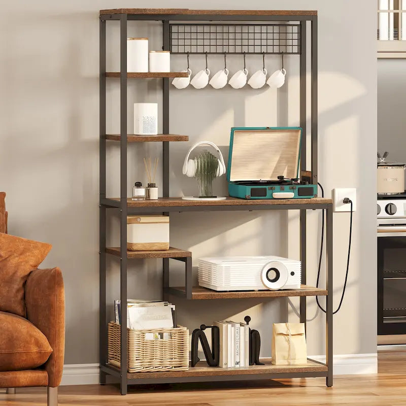 Kitchen Microwave Stand Bakers Rack Utility Storage Shelf with Power Outlet