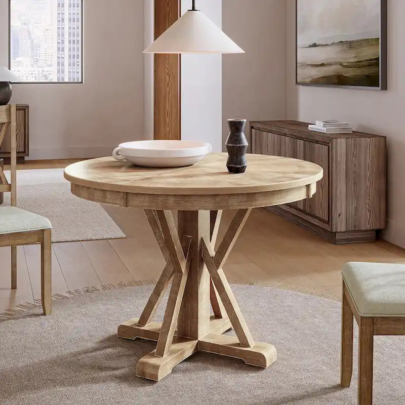 Felicia Farmhouse Natural Solid Wood Round Cross-buck Base Dining Table for 4 by