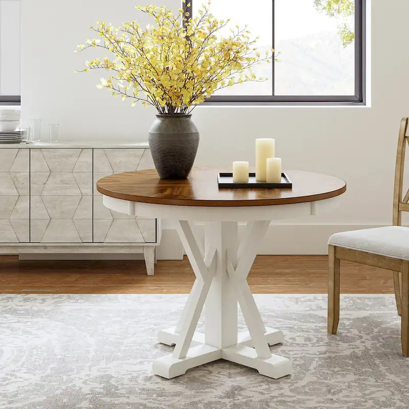 Felicia Farmhouse Natural Solid Wood Round Cross-buck Base Dining Table for 4 by