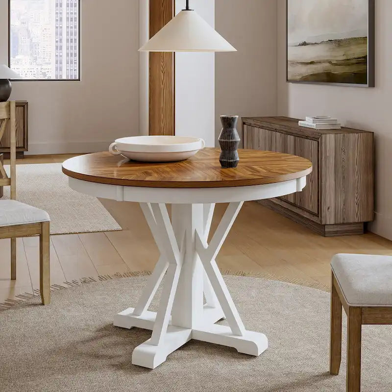 Felicia Farmhouse Natural Solid Wood Round Cross-buck Base Dining Table for 4 by