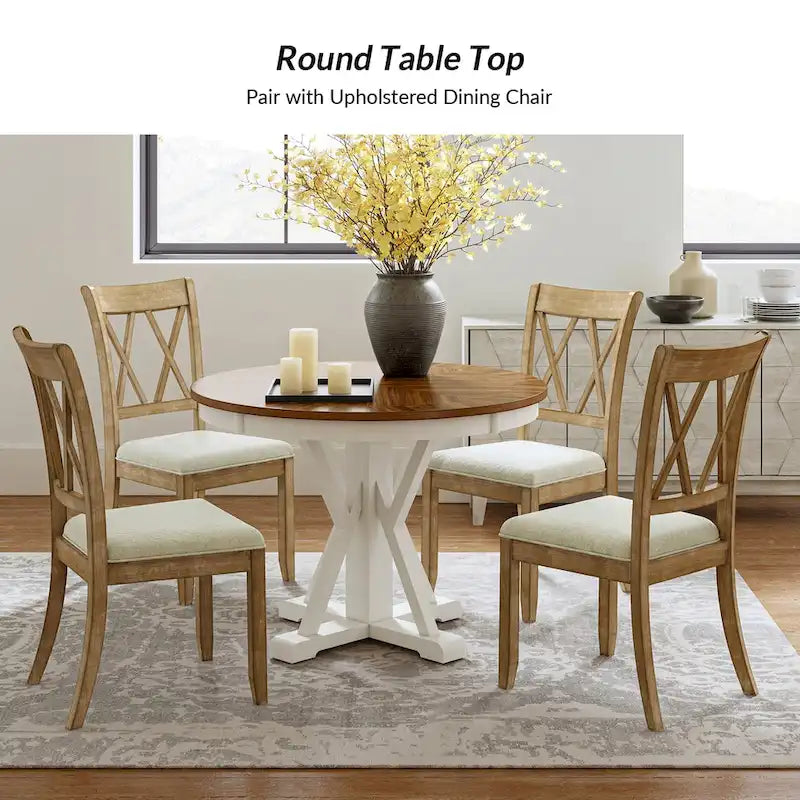Felicia Farmhouse Natural Solid Wood Round Cross-buck Base Dining Table for 4 by